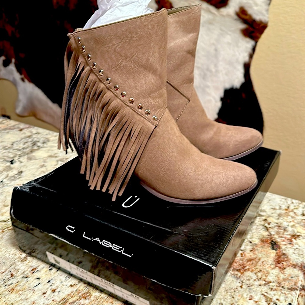 Tan fringe booties